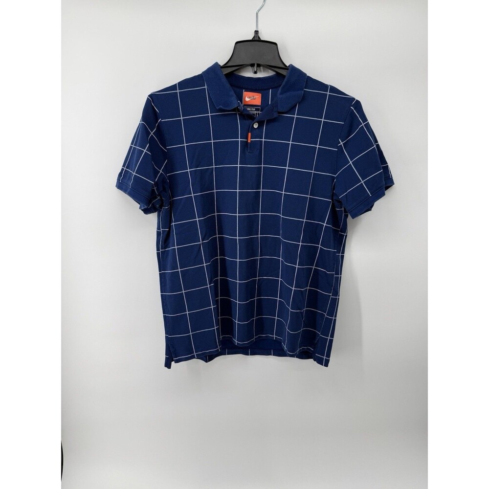 Nike Men’s Polo Blue With White Check Pattern Dri-Fit Size Large Orange Accent